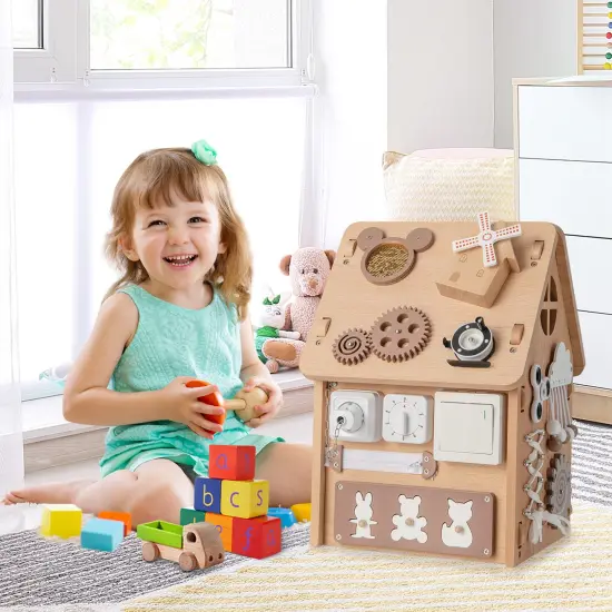 Costway Wooden Busy House Montessori Toy with Sensory Games & Interior Storage Space {3}