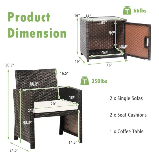 3 Pieces Patio Wicker Furniture Set with Storage Table and Protective Cover Off White {4}