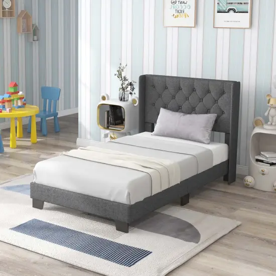 Costway Full/Queen/Twin Size Upholstered Platform Bed Tufted Headboard Mattress Foundation Grey {1}