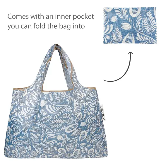 Wrapables Large & Small Foldable Tote Nylon Reusable Grocery Bags, Set of 2 Gray Ferns {5}