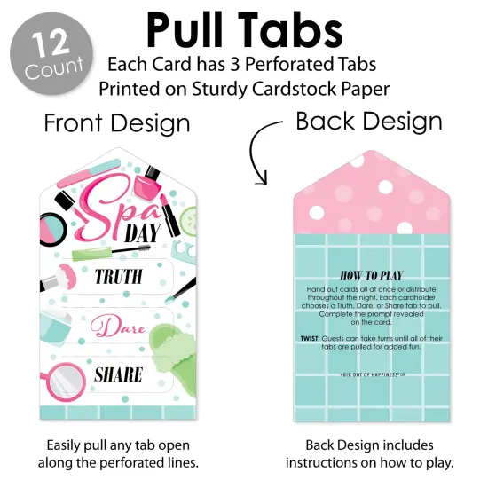 Big Dot of Happiness Spa Day - Girls Makeup Party Game Pickle Cards - Truth, Dare, Share Pull Tabs - Set of 12 {4}
