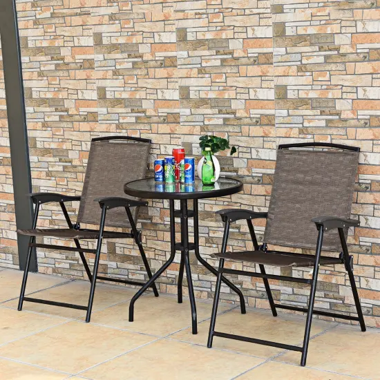 Costway 3PC Bistro Patio Garden Furniture Set 2 Folding Chairs Glass Table Top Steel {4}