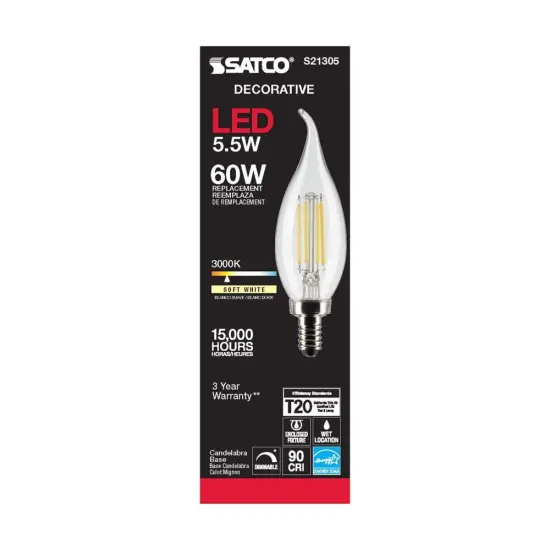6Pk- Satco 5.5w CA10 LED 3000K Candelabra Base Dimmable - 60w equiv Warm White {5}