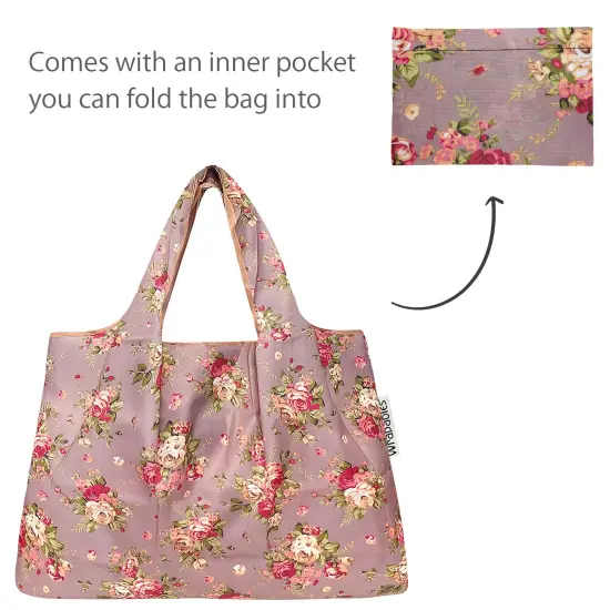 Wrapables Large & Small Foldable Tote Nylon Reusable Grocery Bags, Set of 2 Roses on Khaki {5}