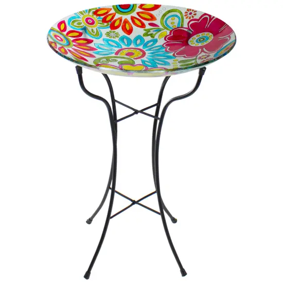 Northlight 18" Pastel Pink and Blue Flowers Hand Painted Glass Outdoor Patio Bird Bath {1}