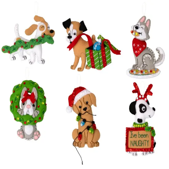 Bucilla Felt Ornaments Applique Kit Set Of 6-Miscievous Puppies {1}