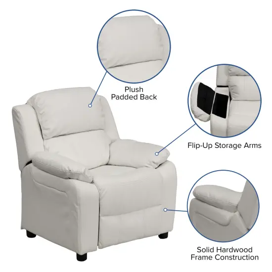 Emma and Oliver Deluxe Padded Contemporary Kids Recliner with Storage Arms White Vinyl {2}