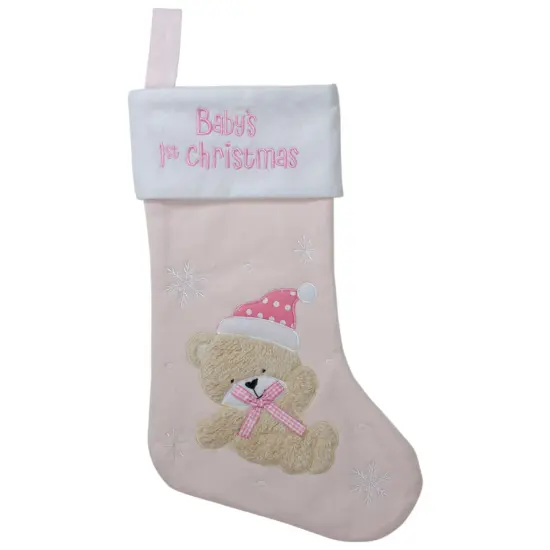 Northlight Baby's 1st Christmas Embroidered Teddy Bear Stocking - 19" - Pink and White {3}