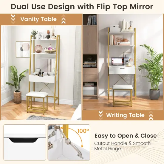 Costway Vanity Table Set Flip Top Mirror Ladder Storage Shelf Cushioned Stool Rustic {6}