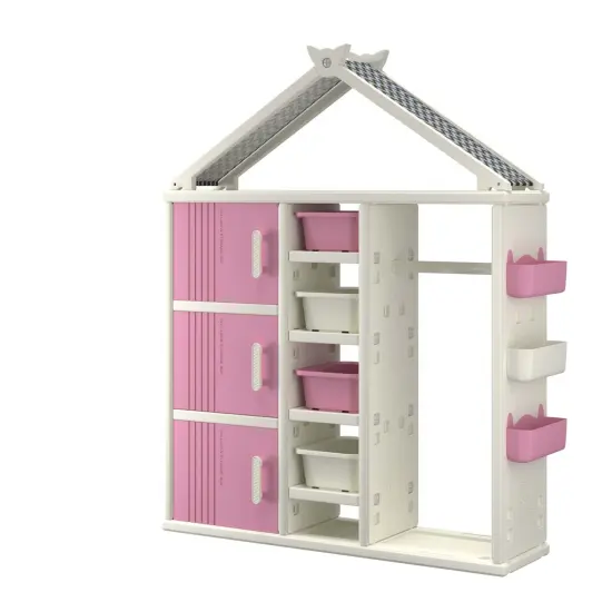 Costway Kids Costume Storage Closet Children Pretend Dresser with Storage Bins Shelves Grey/Pink/White {9}