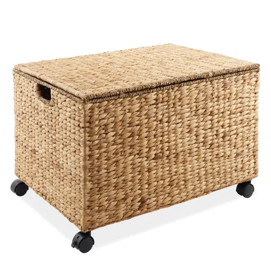 Casafield Rolling Storage Basket Cart with Lid and Locking Wheels - Handwoven Water Hyacinth Divided Recycling Sorting Bin for Kitchen, Laundry Room, Garage {3}