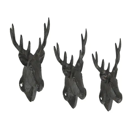 Set of 3 Rustic Brown Deer Head Decorative Wall Hooks Lodge Decor {1}