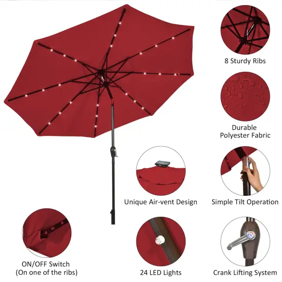 Costway 10ft Patio Solar Umbrella LED Patio Market Steel Tilt W/ Crank (Burgundy) {5}