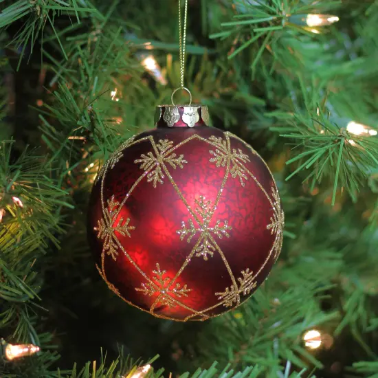 Northlight Glittered Snowflake Glass Ball Christmas Ornament - 3.25" - Burgundy Red and Gold {3}