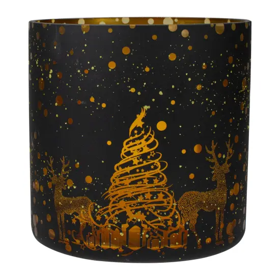 Northlight 6" Black and Gold Deer and Pine Trees Flameless Glass Candle Holder {1}