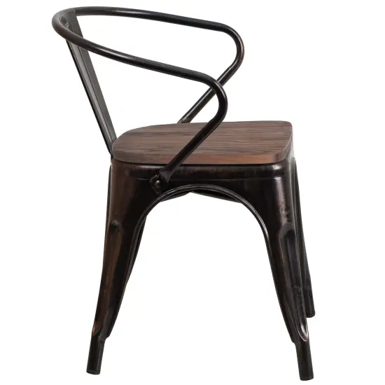 Emma and Oliver Metal Chair with Wood Seat and Arms Black-Antique Gold {5}