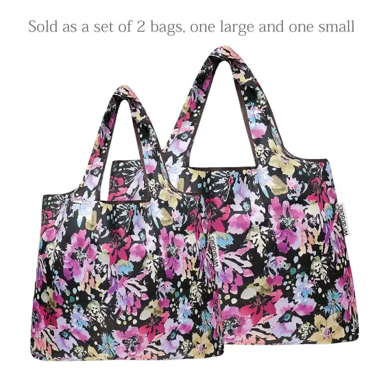 Wrapables Large & Small Foldable Tote Nylon Reusable Grocery Bags, Set of 2 Violet Flowers {3}