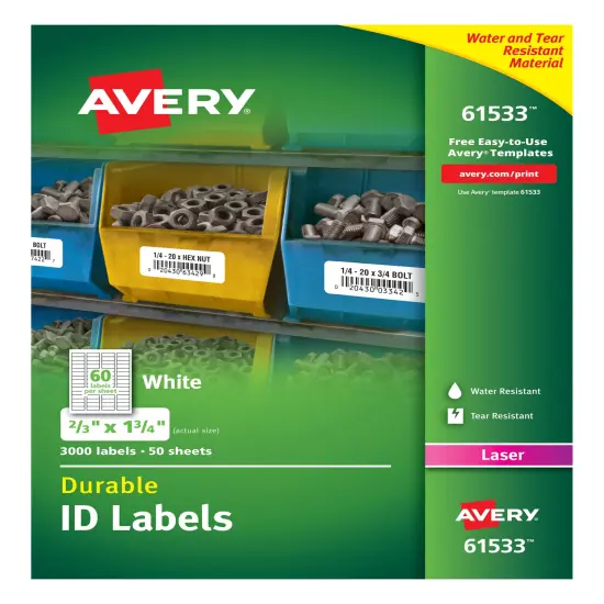 Avery Durable ID Labels, TrueBlock Technology, Permanent Adhesive, 2/3" x 1-3/4", 3,000 Labels (61533) {1}