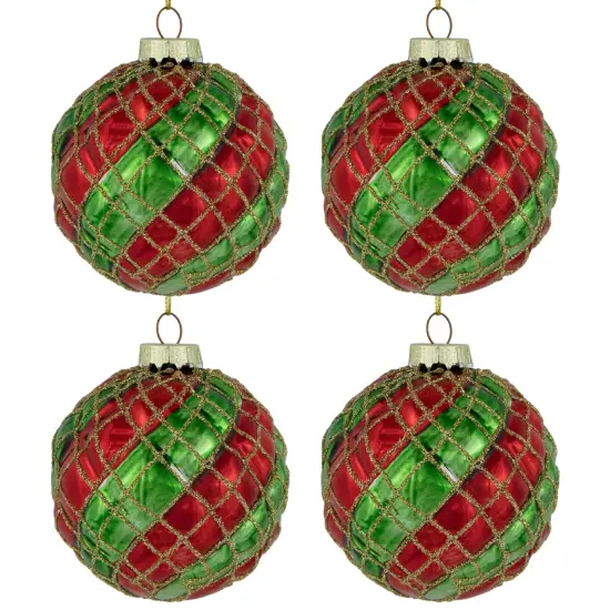 Northlight Glitter Lattice Striped Christmas Glass Ball Ornaments - 3" (80mm) - Red and Green - 4ct {6}
