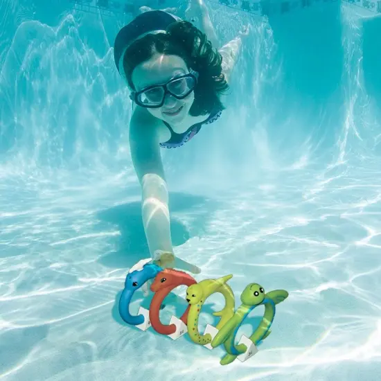 Swim Central Set of 4 Vibrantly Colored Animals Face Swimming Pool Dive Rings 6.5" Green {1}