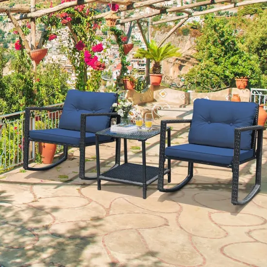 3 Pieces Wicker Rocking Bistro Set with Glass Coffee Table and Storage Shelf Navy {6}