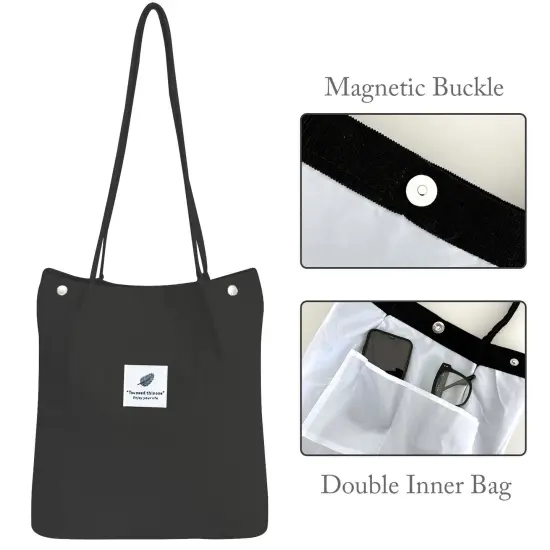 Wrapables Corduroy Tote Bag, Casual Everyday Shoulder Handbag, 2pc Black/Cream {3}