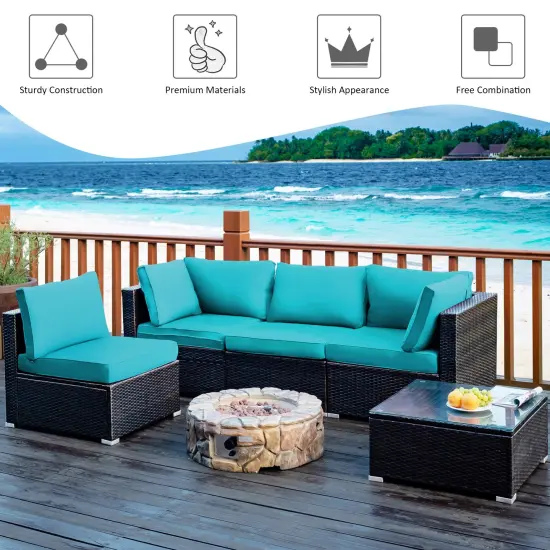 5 Pieces Cushioned Patio Rattan Furniture Set with Glass Table Turquoise {6}