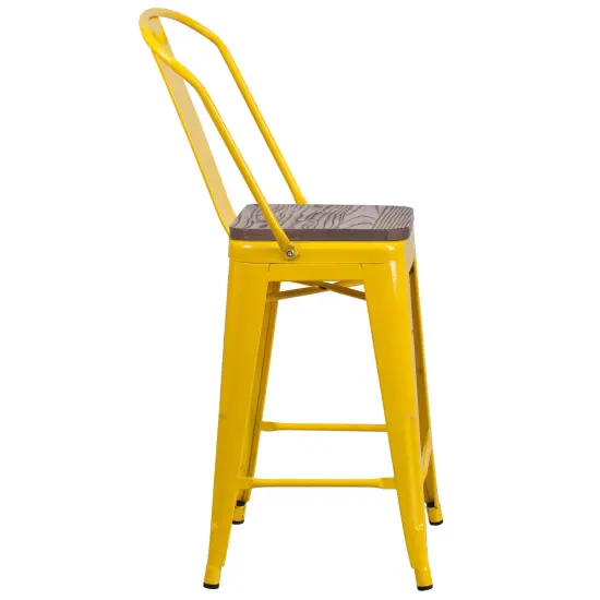 Merrick Lane Donnely Metal Dining Stool with Curved Slatted Back and Textured Wood Seat Yellow {4}