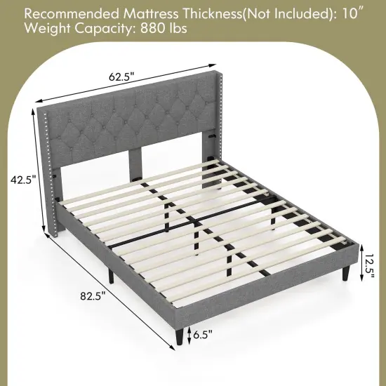Costway Full/Queen Size Upholstered Platform Bed Button Tufted Headboard Mattress Foundation {3}