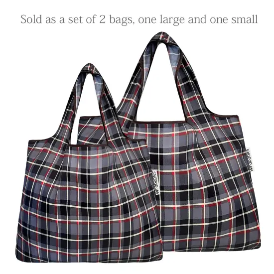 Wrapables Large & Small Foldable Tote Nylon Reusable Grocery Bags, Set of 2 Black Plaid {3}