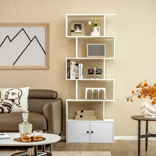 Costway Bookshelf with Cabinet 6-Tier S-Shaped Bookcase Storage Rack Rustic Brown/White/Black {4}