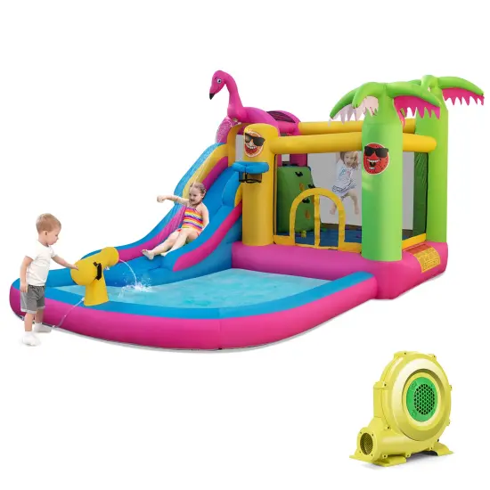 Costway Tropical Inflatable Bounce Castle for Backyard, Ocean Ball & 735W Blower Include {1}