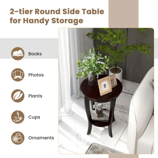 Costway 2 PCS 2-Tier End Table 18'' Round Compact Sofa Side Nightstand with Storage Shelf Espresso/White {5}
