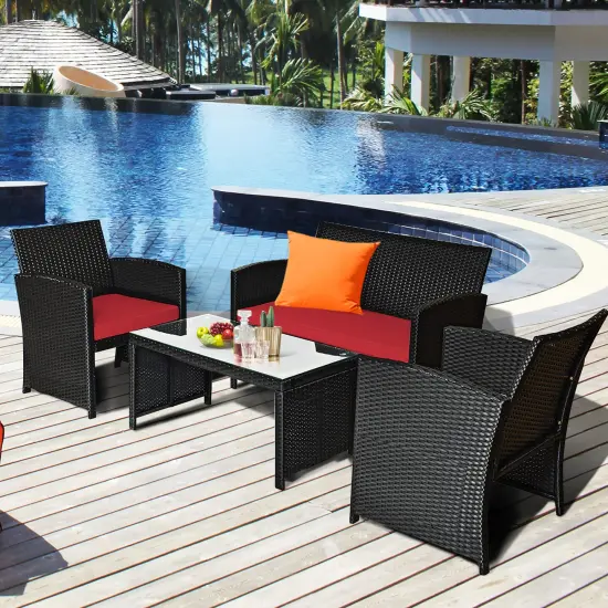 Costway 8PCS Patio Rattan Furniture Conversation Set Cushion Sofa Table Garden Turquoise\Navy\Black\Red {2}