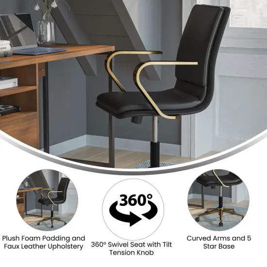 Merrick Lane Artemis Mid-Back Home Office Chair with Armrests, Height Adjustable Swivel Seat and Five Star Base White/Gold {7}