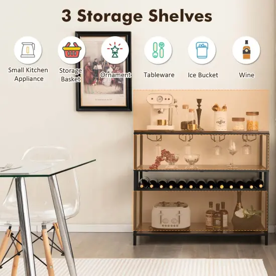 Costway Rustic Wine Rack Table 13 Bottles Wine Bar Cabinet Freestanding with Glass Holder {6}