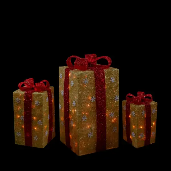 Northlight Set of 3 Lighted Tall Gold Gift Boxes with Red Bows Christmas Outdoor Decorations 18" {3}