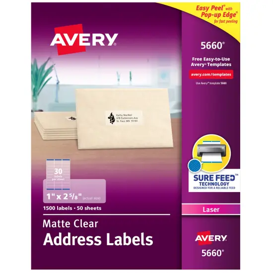 Avery Matte Clear Address Labels, Sure Feed Technology, Laser, 1" x 2-5/8", 1,500 Labels (5660) {1}