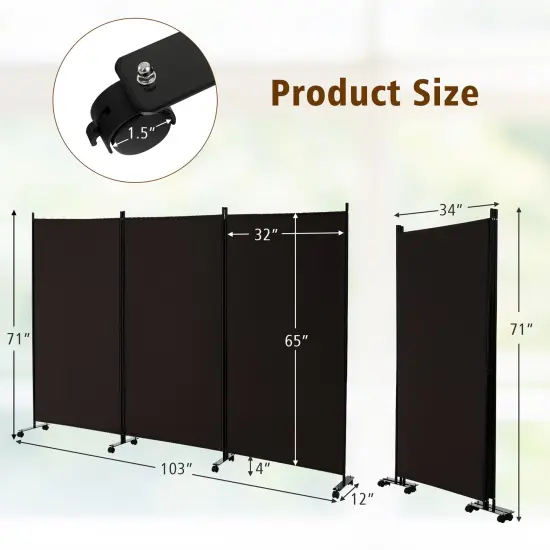 Costway 3-Panel Folding Room Divider 6Ft Rolling Privacy Screen withLockable Wheels Black/Brown/Grey/White {3}