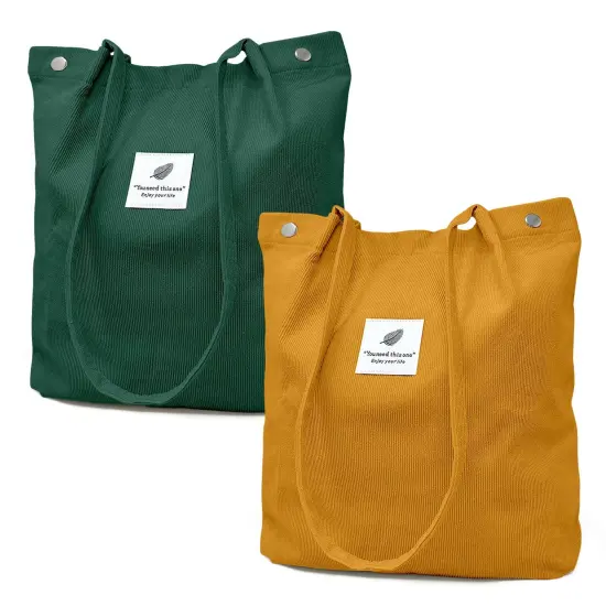 Wrapables Corduroy Tote Bag, Casual Everyday Shoulder Handbag, 2pc FtGreen/Marigold {1}
