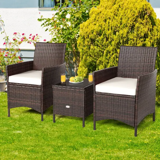 Costway 3PCS Patio Rattan Furniture Set Cushioned Sofa Glass Tabletop Deck Red\Blue\ White {2}