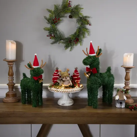 Northlight Reindeer with Santa Hat, Bell and Bow Artificial Pine Christmas Decoration - 16" Green {4}