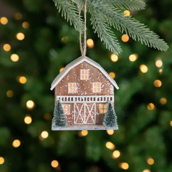 Northlight Battery Operated Lighted Rustic House with Trees Christmas Ornament - 4" - Brown Beige {3}