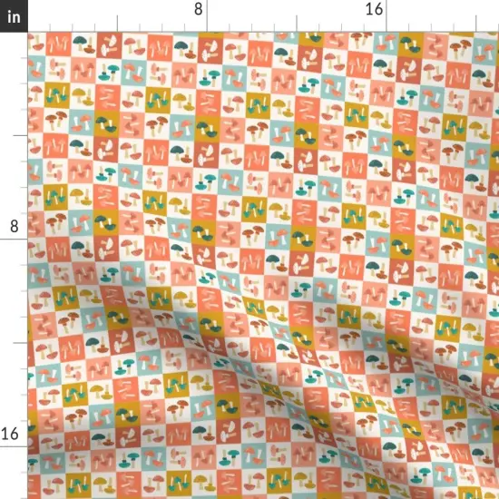 Various Fabrics by the Yard or Fat Quarter Checkerboard Mushrooms Orange Blue Shrooms Toadstools Nature Botanical Whimsical Custom Printed Fabric by Spoonflower {2}