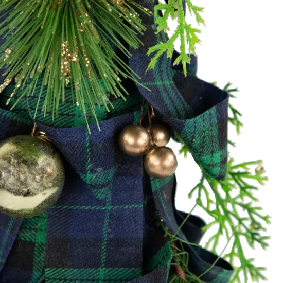 Northlight Pine, Jingle Bell and Plaid Ribbon Christmas Cone Tree - 18" - Green and Blue {4}