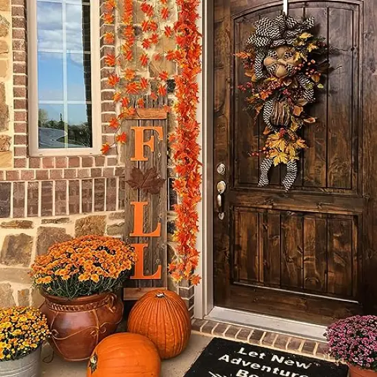 CQURE 12 Pack Fall Leaf Garland, Hanging Vines Garland Artificial Fall Maple Leaves Garland Thanksgiving Decor for Home Wedding Fireplace Party {4}