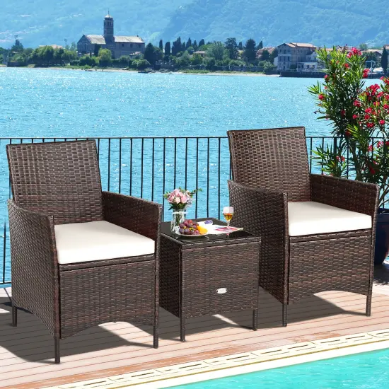 Costway 3PCS Patio Rattan Furniture Set Cushioned Sofa Glass Tabletop Deck Red\Blue\ White {4}