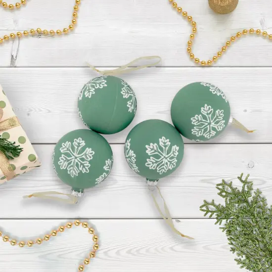 Northlight Glass Christmas Ball Ornaments with Snowflakes - 3" (80mm) - Green and White - 4ct {3}