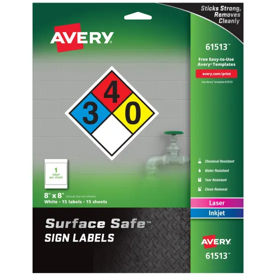 Avery Removable Label Safety Signs, 8" x 8", Printable, Water/Chemical Resistant, 15 Labels (61513) {1}