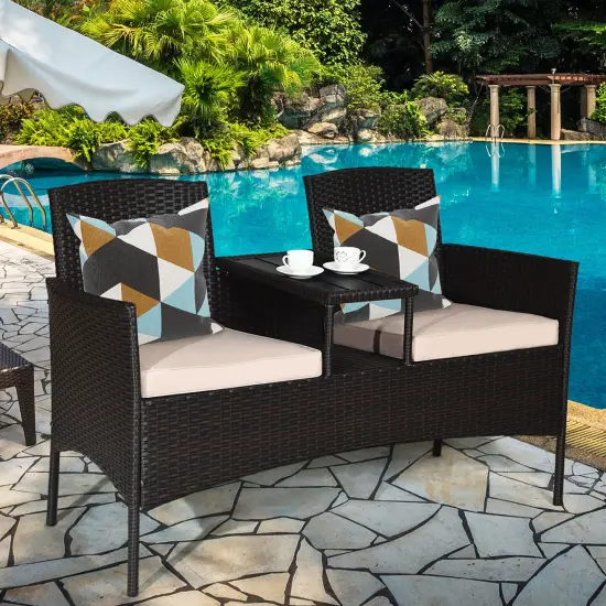 Costway Patented Patio Rattan Conversation Set Loveseat Sofa Cushioned Coffee Table Mix Brown {5}